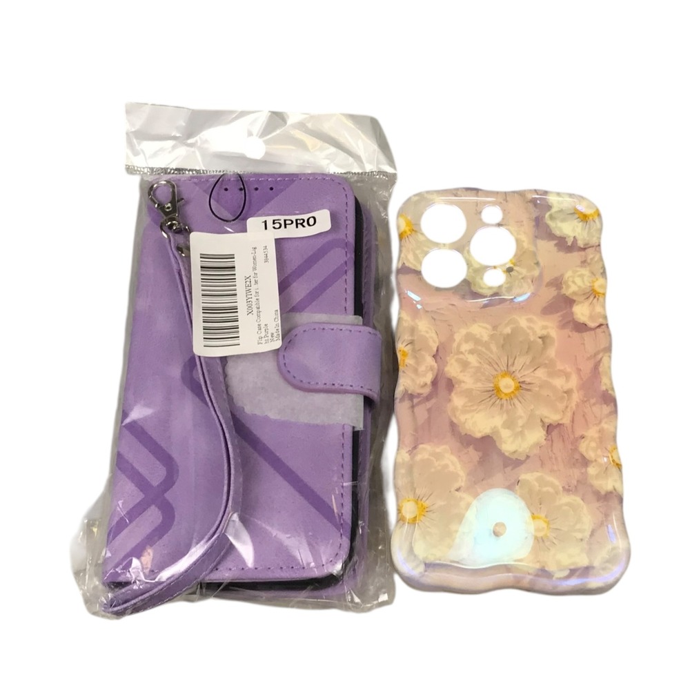 iPhone 15 Pro Purple Flower Oil Panting Wallet Phone Case Floral Protective Case